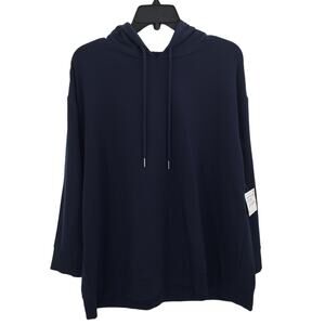 Halston Studio Pullover Hoodie Drawstring Long Sleeve Zip Up Navy Blue XS